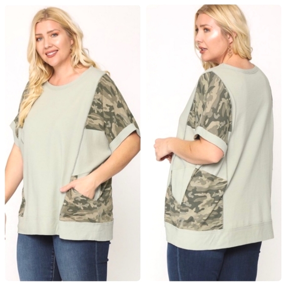 NWT Plus Size Camo Short Sleeved Contemporary Top - Picture 2 of 4